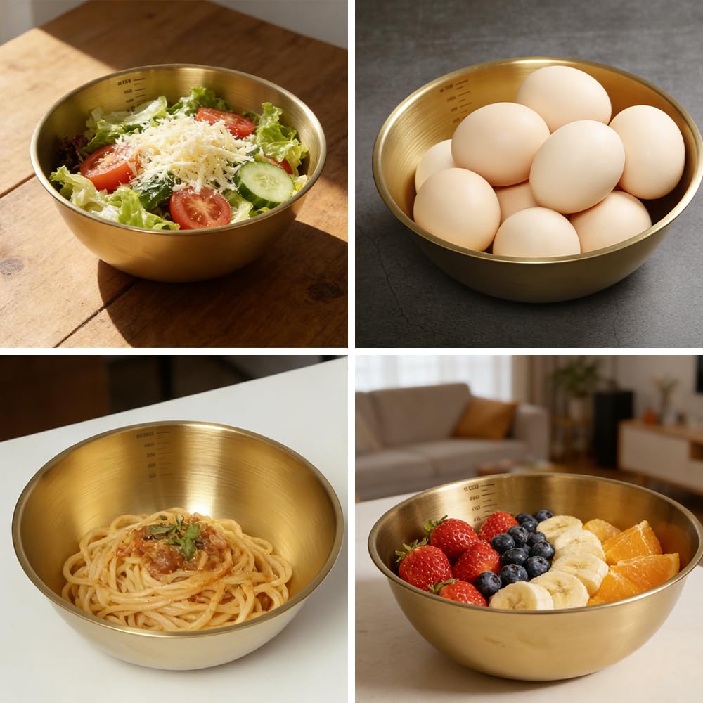 8 Pièces Doré Bol Inox 19 x 8 cm, avec 1.2L Échelle, pour Salades | Doré Saladier en Acier Inoxydable, Empilable, Grande Capacité, Bol Mélanger Doré, pour Salades, Fruits, Soupes, Nouilles, Riz