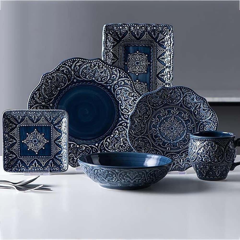 Juego De Vajilla De Cerámica Azul 12 Piezas Bajo Vidriado Ideal para Restaurantes Fiestas Familiares Y Eventos Vajillas Completas Baratas