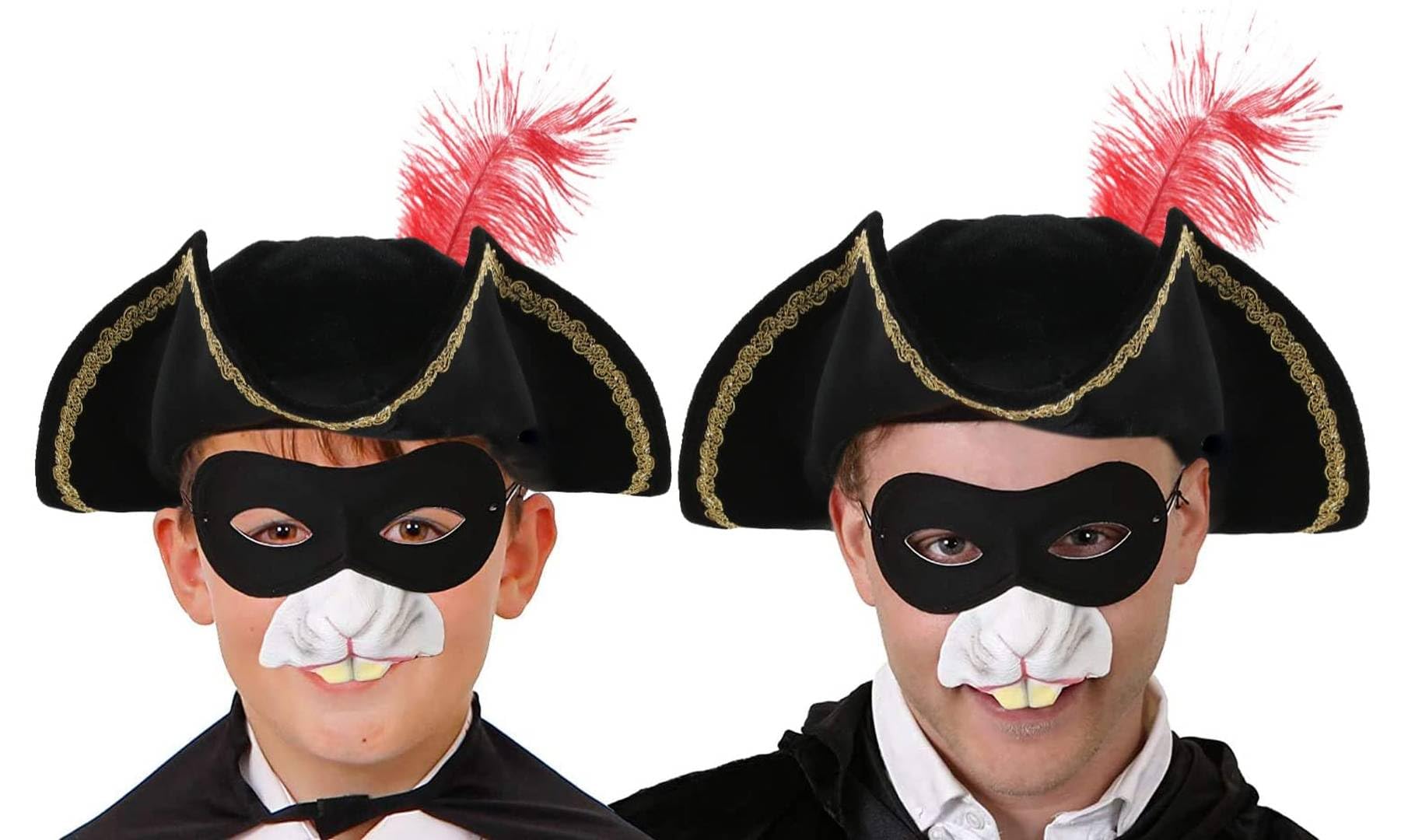 Kids Highway Rodent Accessory Set - Black Tricorn Hat with Red Feather, Black Eyemask, Rat Nose - Boys Girls Childs TV Film School Book Week World Book Day Fancy Dress Costume