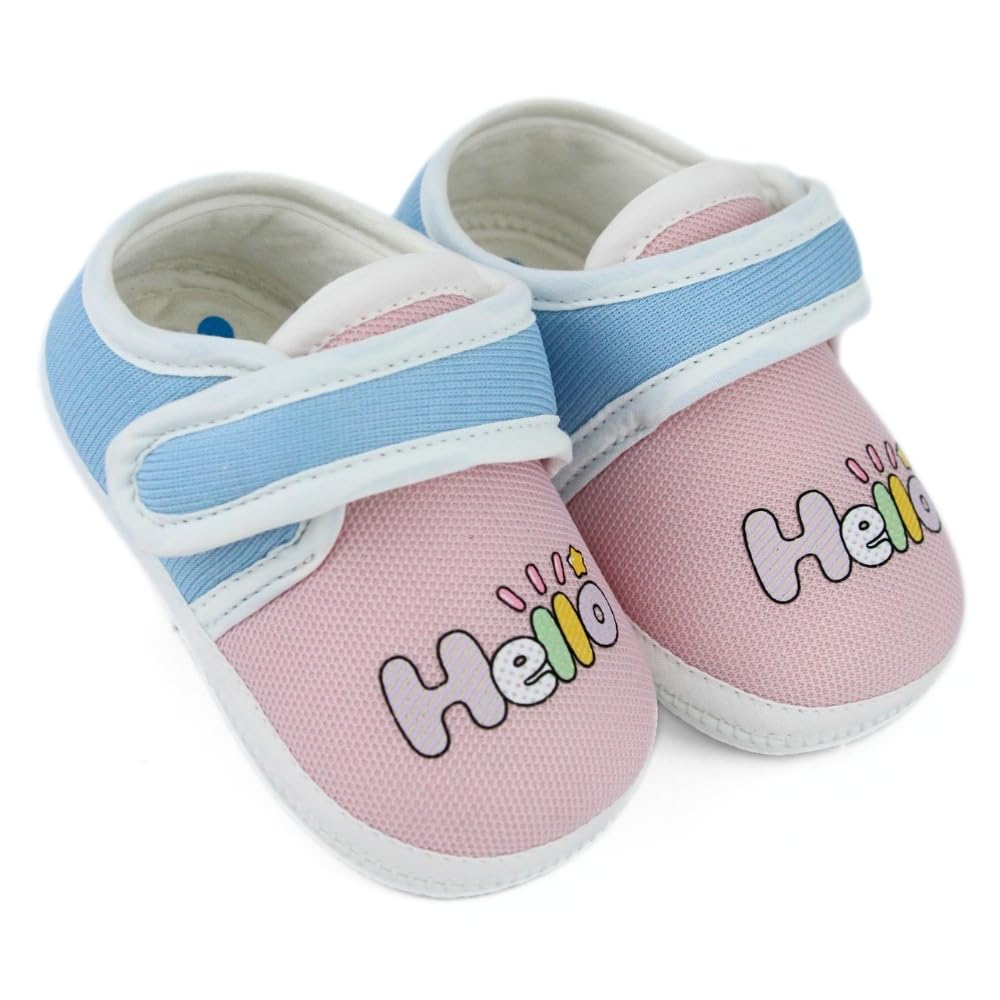 6 To 12 Months Baby Boys & Girls Newborn Soft Cotton Velcro Hello Baby Pink & Blue Booties-BT5322-image-2