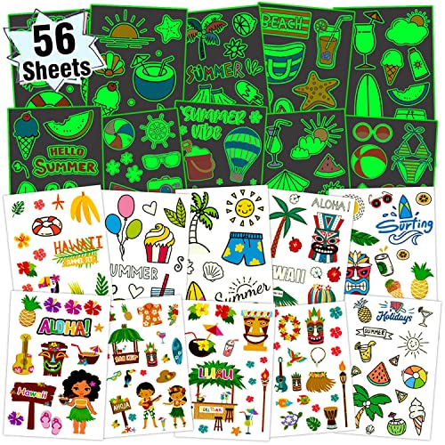Partywind 555 Styles Glow Hawaiian Decorations for Kids Party Supplies, 56 Sheet Hawaiian Luau Temporary Tattoos with Pineapples/Flamingo/Hibiscus Flowers, Beach Pool Party Decor