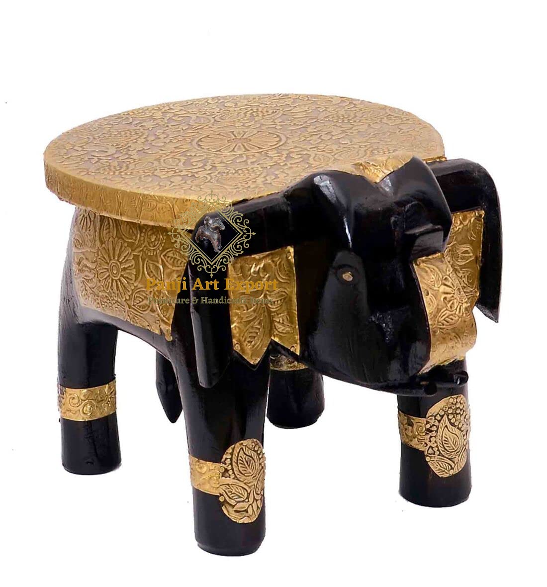 Panji Art Export Hand Made Wooden Elephant Stool for Home & Office_14. (Brass Fitted)