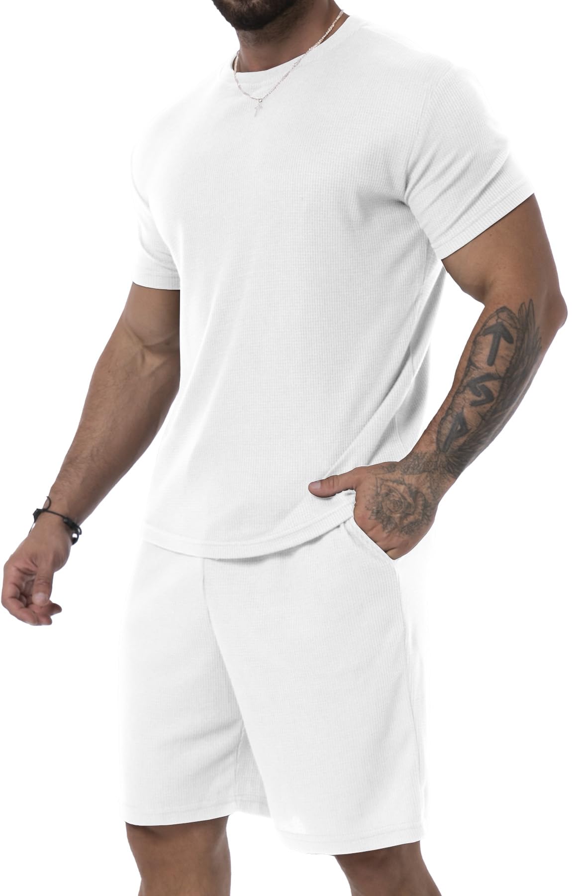 KUYIGO Traje de verano para hombre, pantalones cortos y camisa, traje casual de 2 piezas, transpirable, holgado