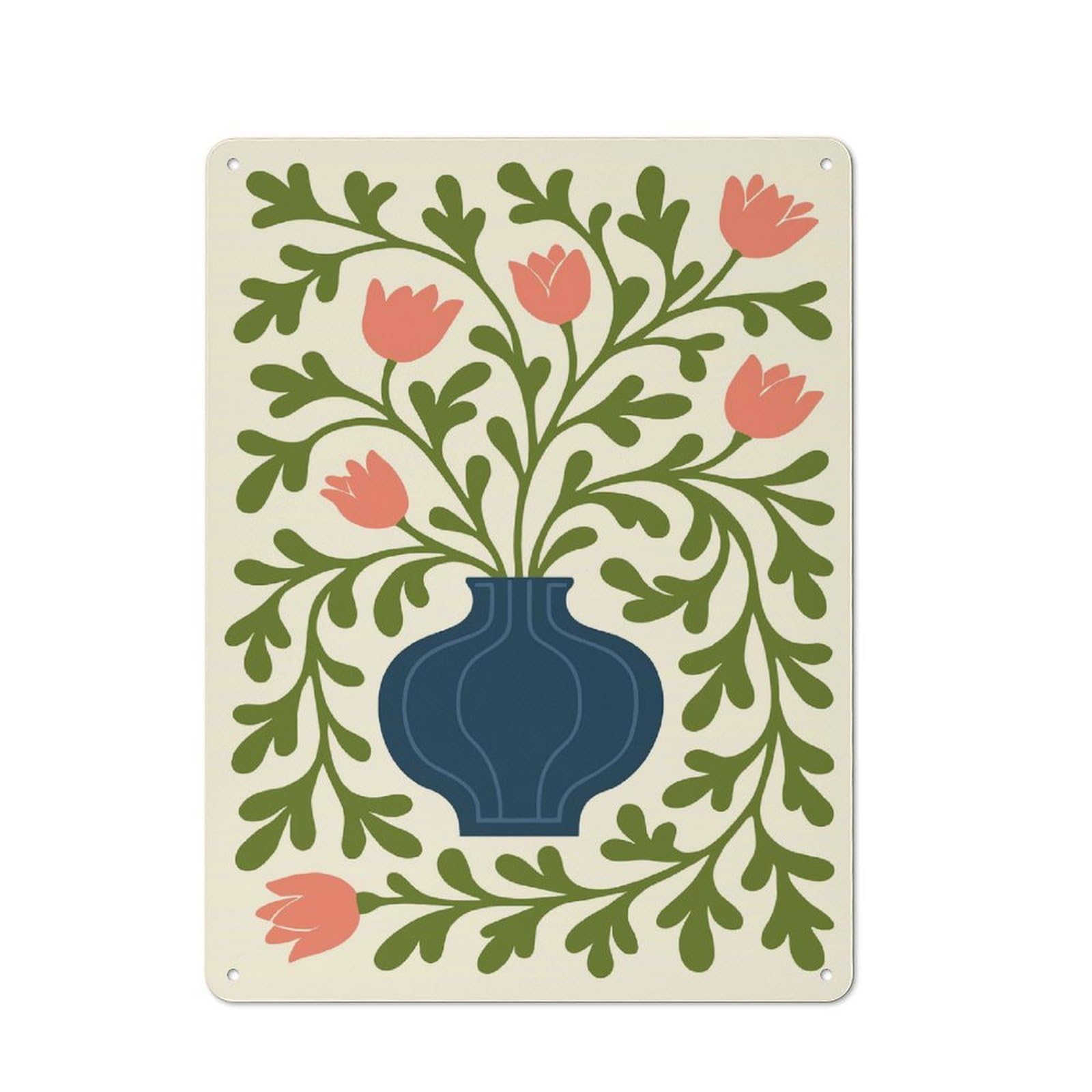 Floral Vase Illustration Everyday Metal Wall Decor 40x30cm, Decorative Tin Plaque for Flat, Dorm Room, Lounge Or Cafe