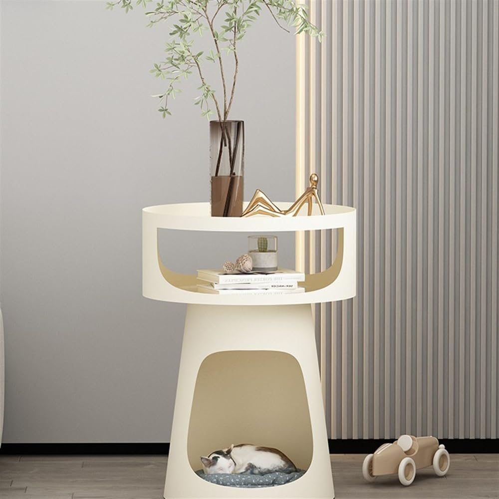 tavolo da soggiorno Tavolino rotondo creativo in metallo, tavolino da caffè a doppio strato, tavolino da divano for balcone, comodino for camera da letto, cuccia for gatti Piccolo Tavolino(Bianco)