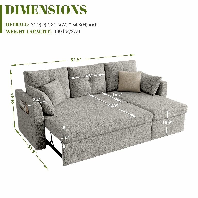 Image of Huatean Home Sleeper Sofa Couch, 2 in 1 Sectional Sleeper Couch Bed with Side Pocket, Pullout Sofa Bed with Storage Chaise for Living Room, Light Grey