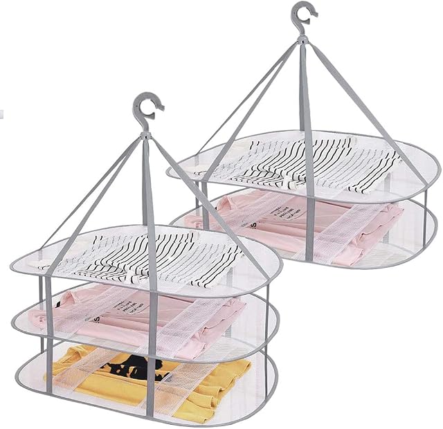 Fatiya Folding Clothes Drying Rack, Windproof Foldable Cloth Dryer with Fixing Band, Collapsible Hanging Laundry Rack for Sweater - Outdoor, Indoor, Potable (2Size ) (Beige)