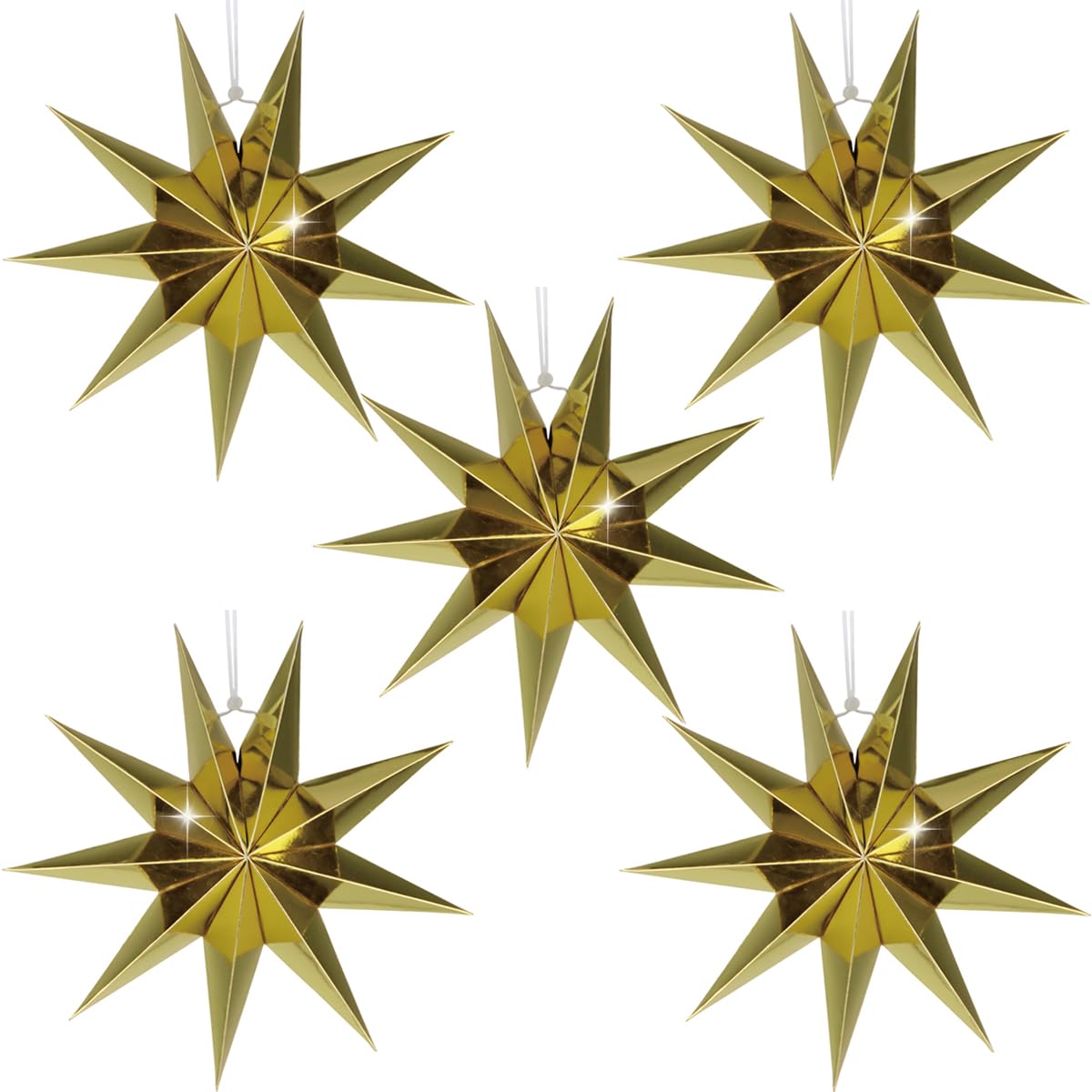 Hadeeong Gold 5Pack 9-Pointed Paper Star Lantern 11.8 Inch Hanging Paper Lampshade For Winter Wonderland Xmas Day Decoration Wedding Birthday Party Home Decor (Gold)
