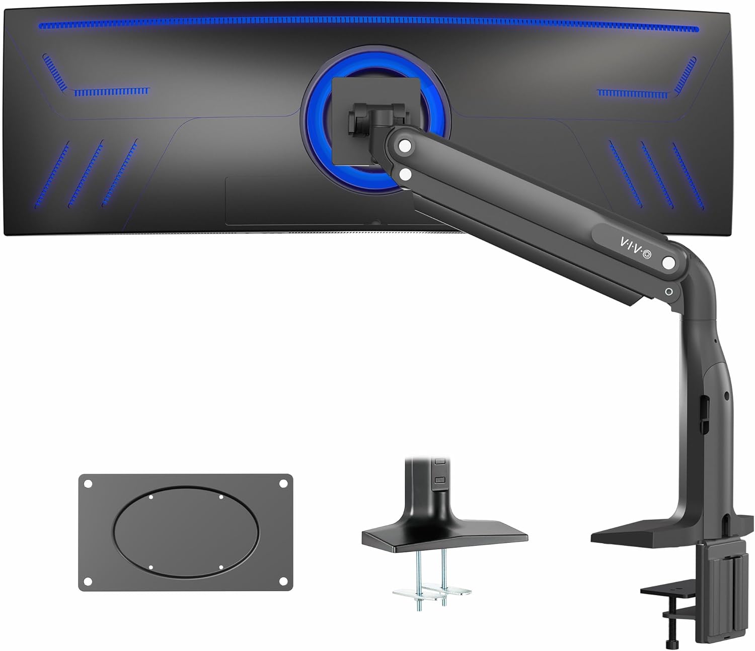 VIVO Aluminum Ultrawide Monitor Stand, Classic, Fits up to 49 inch Computer Screens, Single Articulating Pneumatic Arm, C-Clamp and Grommet Desk Mount, Max VESA 200x100, Black, STAND-V100H