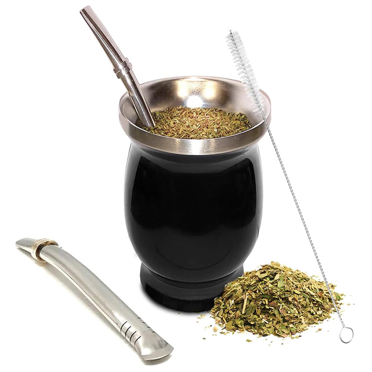 Yerba Mate - Set di tazze da tè in acciaio inox, 226,8 g, include zucca Mate, 2 Bombillas (paglia) e 1 pennello, nero