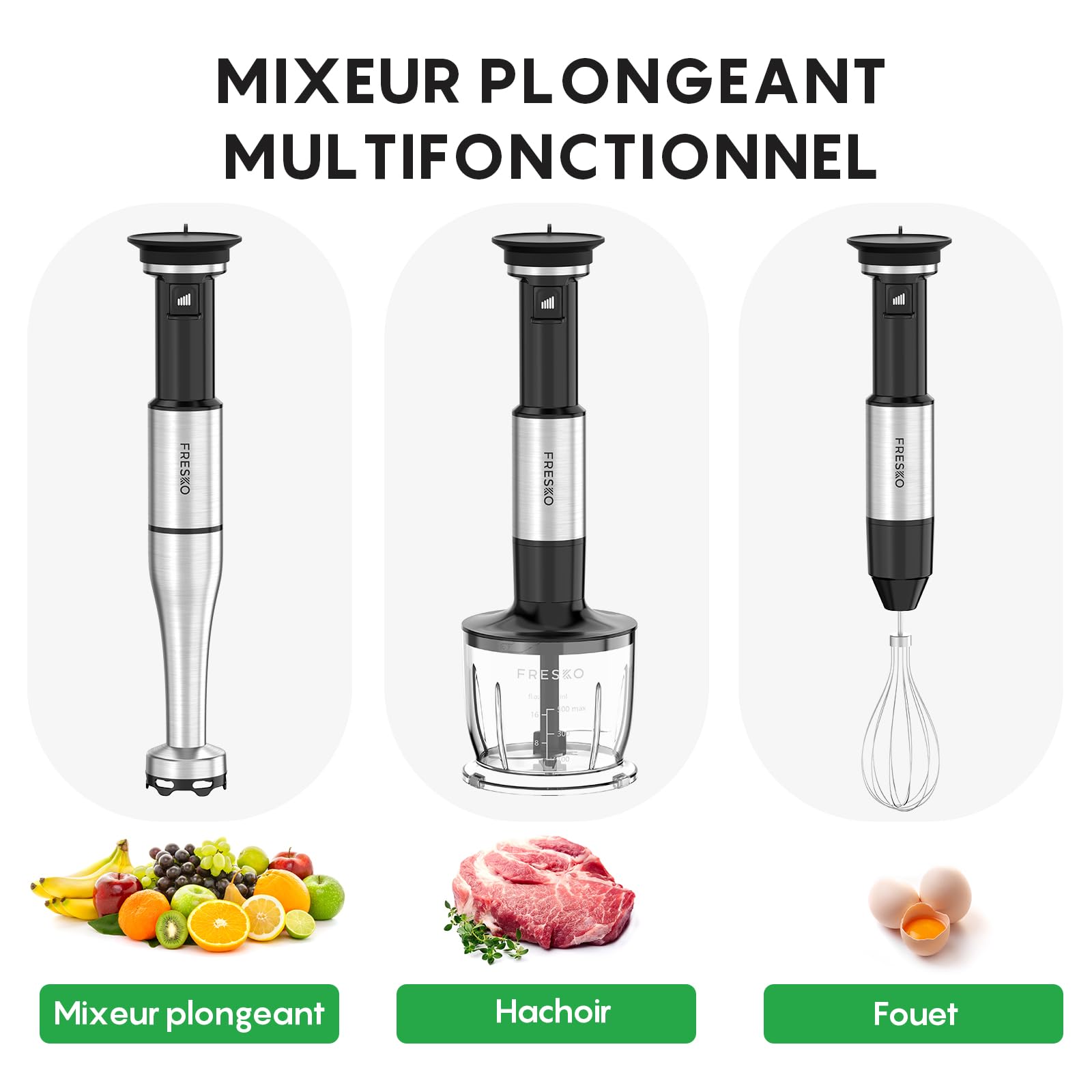 FRESKO Set Mixeur Plongeant 1000W, Mixeur Pied Inox avec Protection, Fouet, Hachoir & Verre Doseur, Vitesses Réglables pour Aliments Bébé, Soupe, Smoothies - 5