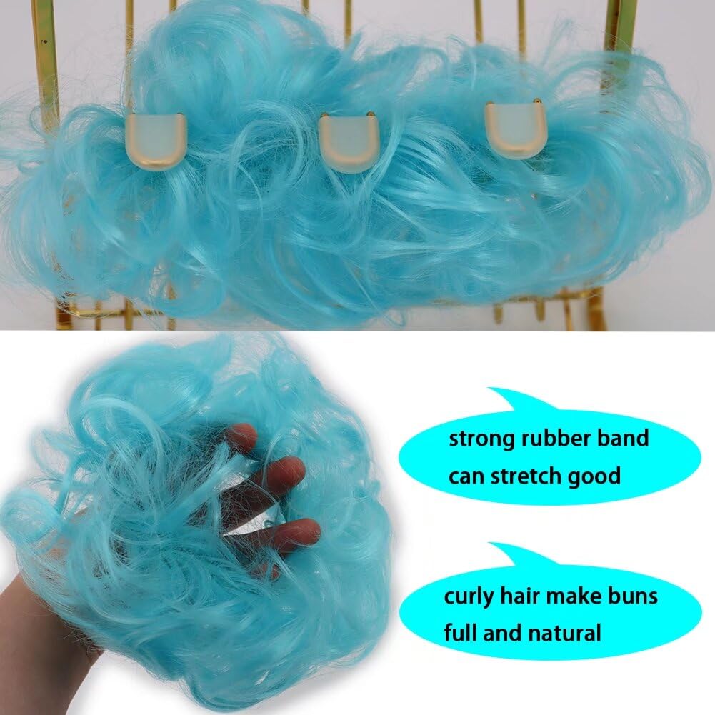 LaLuLoLi 2pcs #2513 Light Blue Color Wavy Curly Updo Scrunchy Hairpiece Ponytail Elastic Chignon Bun Hair Extensions Hair Messy Bun Hairpieces Extension for Women Girl Cosply Daily Use - Image 3