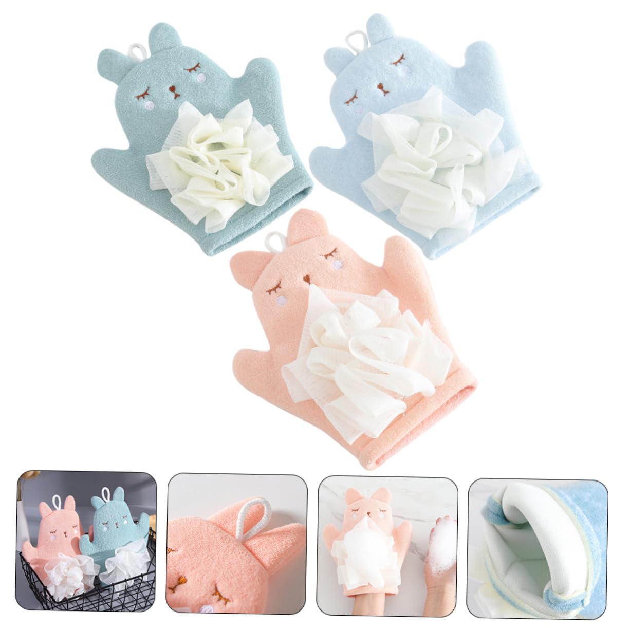3Pezzi Guanto Esfoliante Doccia Scrub Wash Mitt Doppia con Design Carino per Profonda Della e Rimozione Cellule Morta