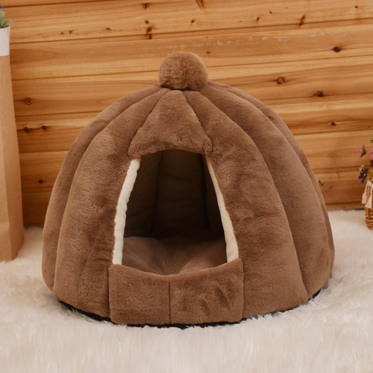 Large Cat Cave Igloo, Semi-closed Medium Small Cats Dog Bed with Non-Slip Bottom Removable Cushion, Portable Warm Kitten Tent Puppy Triangular House (Coffee,S-48x40cm)