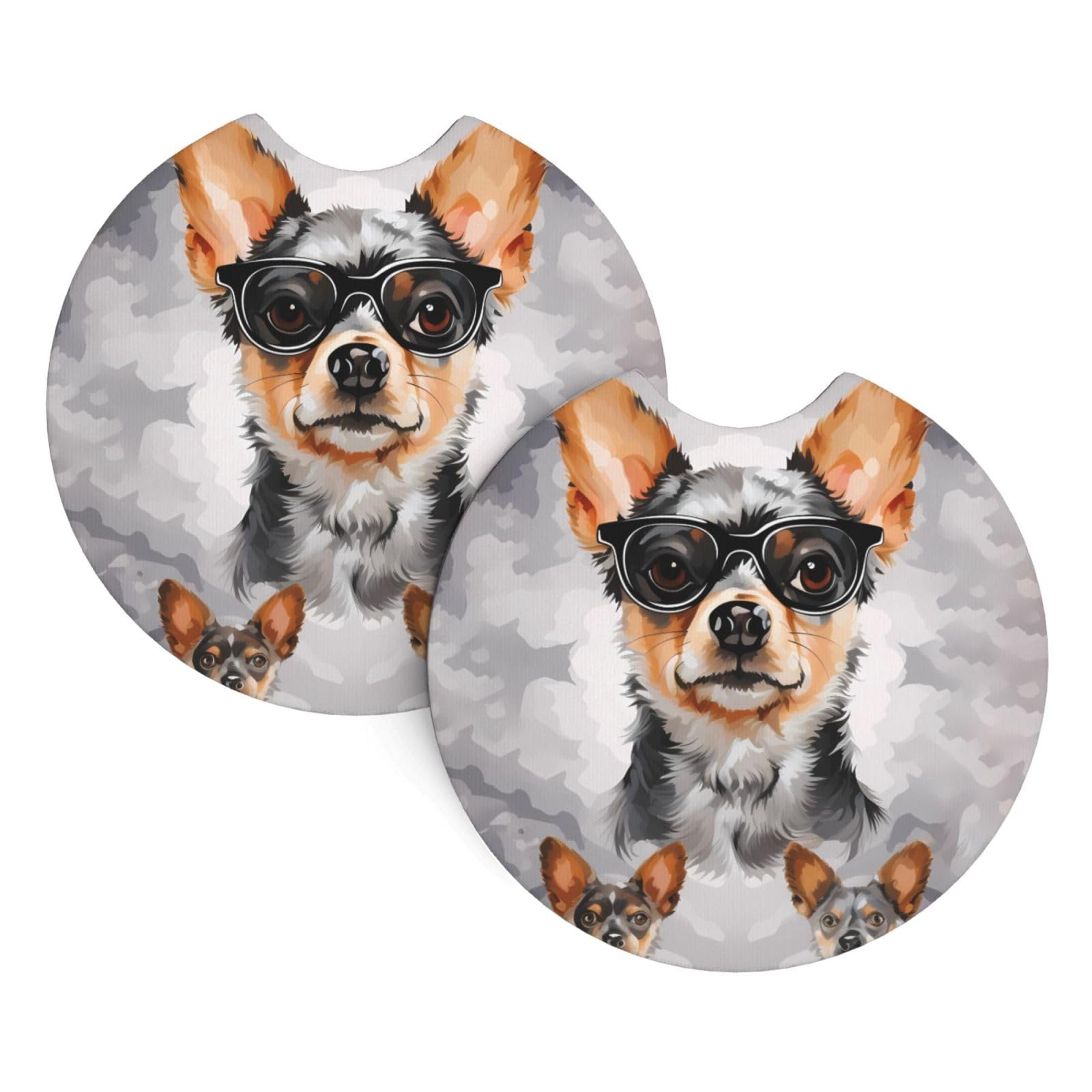 2PCS Car Coaster for Cup Holders Universal Auto Cup Mat Chihuahua Dog Glasses Cup Coaster Pad 2.7" Waterproof Neoprene Non-Slip Cup Holder Coasters Car Interior Accessories for Women Men