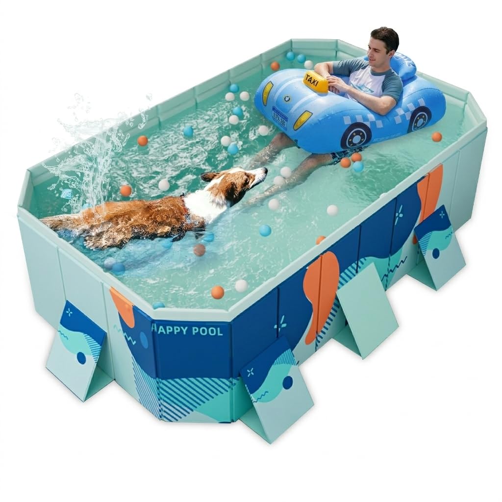 Foldable Paddling Pool for Kids & Dogs – 2.23m (Inner) Large Garden Pool, No-Inflation Quick Setup, Heavy-Duty 4-Layer PVC, Anti-Slip Base, Fast Drain Valve, Collapsible Storage – Blue