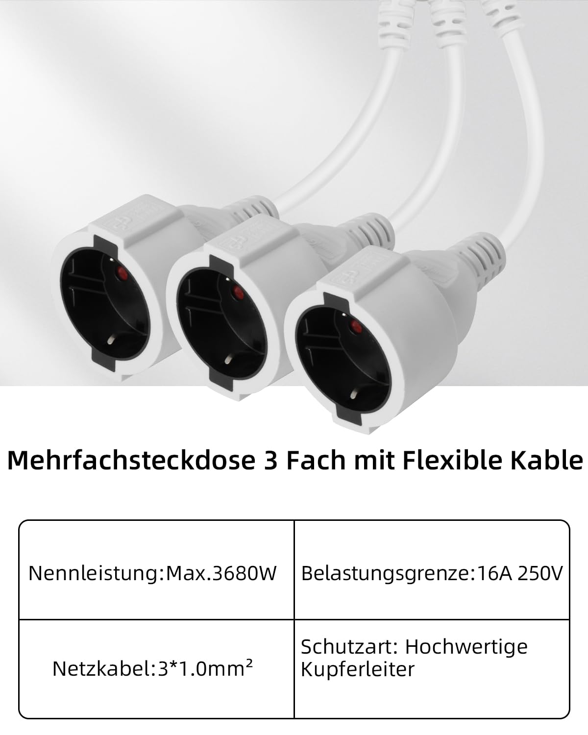 GELRHONR Cable de extensión de Contacto de protección, Cable de extensión Schuko 250V16A IP44 Contacto de protección Exterior Tipo F (CEE 7/7) en Enchufe, para el hogar, la Cocina (Negro 1to 3)