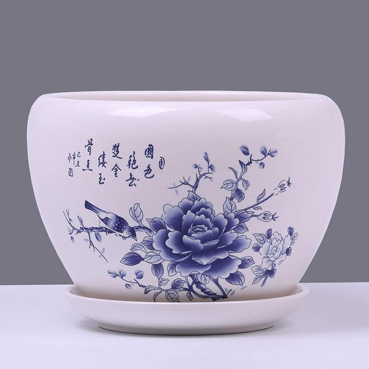 Classic Blue and White Ceramic Flower Pot with Drainage Saucer, Traditional Chinese Style Round Plant Pot for Orchids, Peace Lilies, Decorative Indoor Home Decor