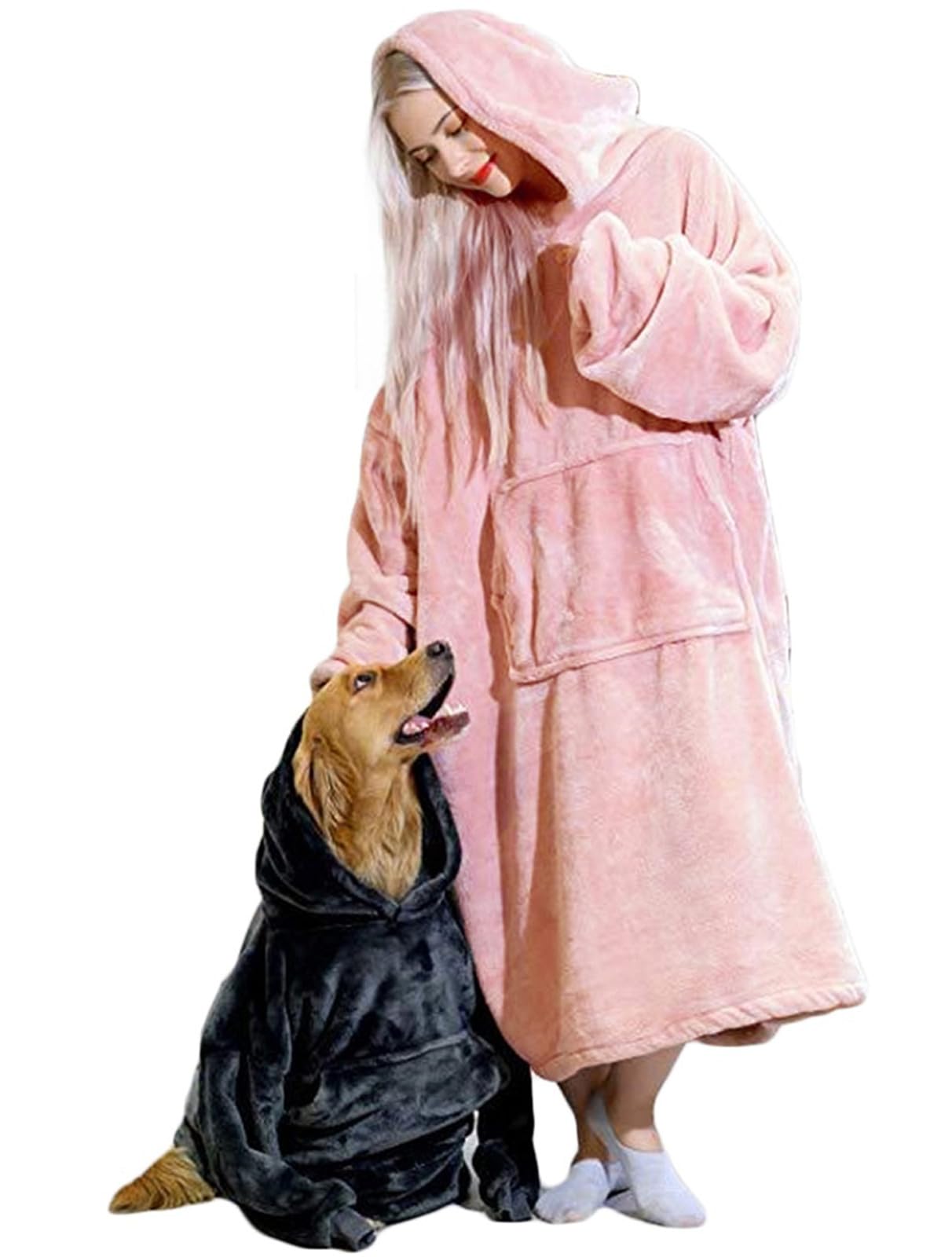 Autucau Unisex Long Pink (Flannel) Oversized Flannel Hoodies,Cozy Soft Warm Wearable Blanket With Giant Pocket, One Size For Men Women Adult Teens