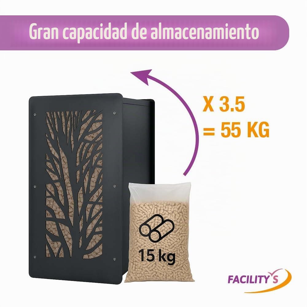 FACILITYS Depósito de Pellets para Estufa de Pellets, Capacidad 55 kg, Cofre para Pellets 37 x 37 x 69 cm - Cristal Acrílico Árbol, Tamiz Integrado