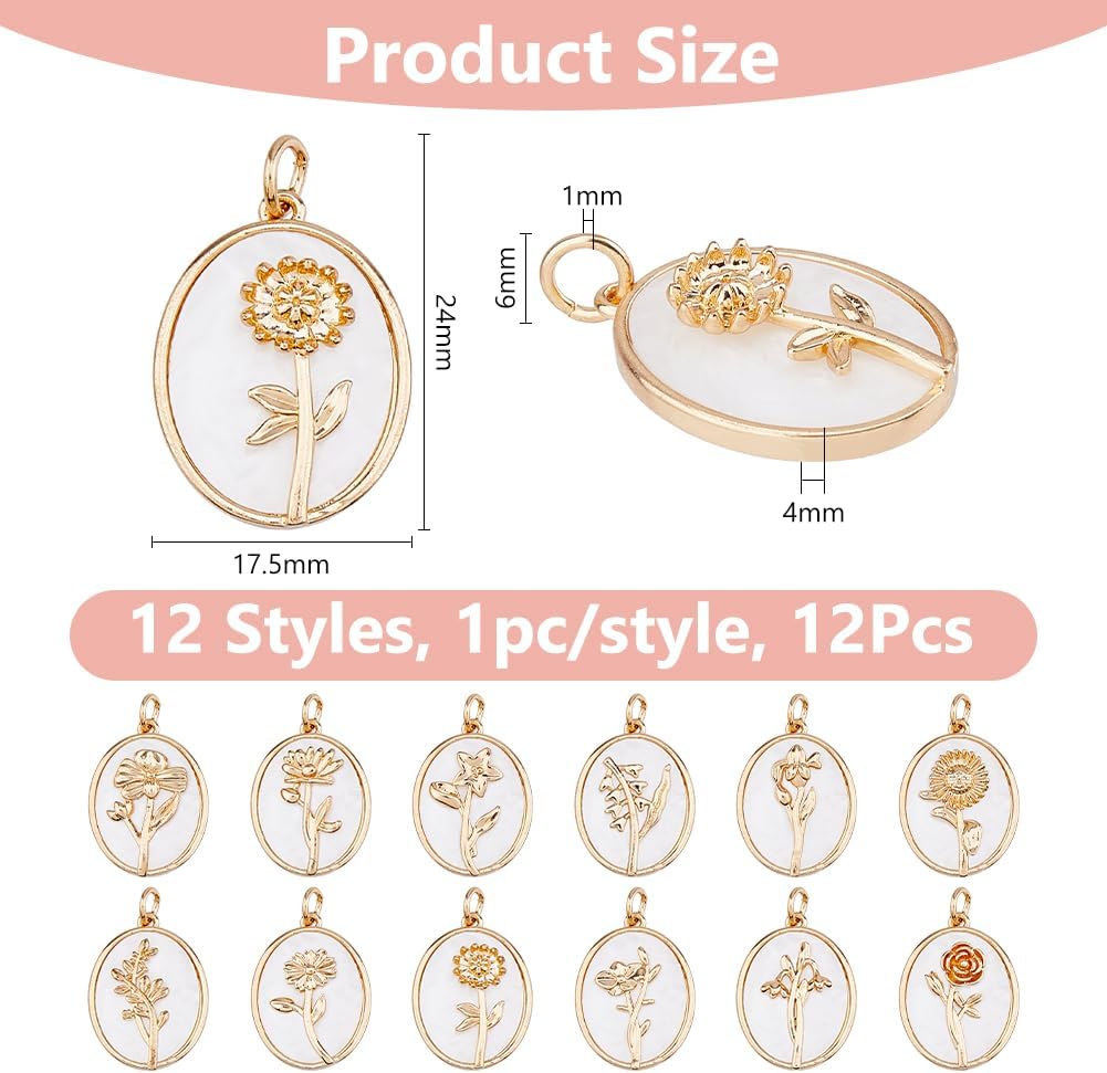 12 Styles Birth Flower Charms White Flower Dangles Charms Cute Floral Pendants Brass Pendants for Jewelry Making Bracelet Necklace Earrings Keychain DIY Accessories - Image 2