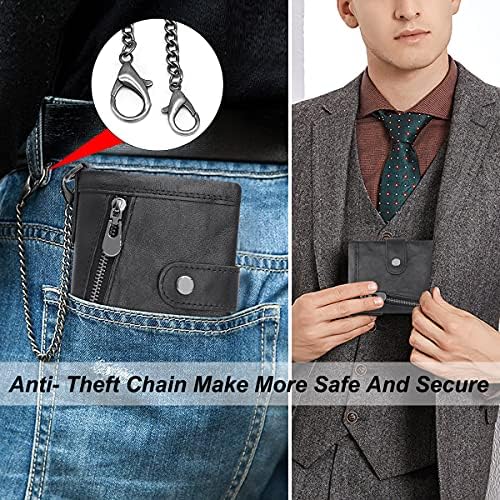 HNOOM Mens Wallet RFID Blocking Real Leather Wallet Mens with Chain Slim Bifold Wallet for Men with Coin Pocket and 17 Credit Card Holders, Mens Leather Wallet Coin Purse for Men with Gift Box (Black)
