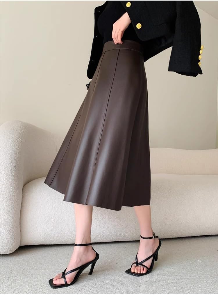 utcoco Womens Casual Long Leather Skirt High Waist A-Line Swing Midi-Length Faux Leather Skirts - Image 3