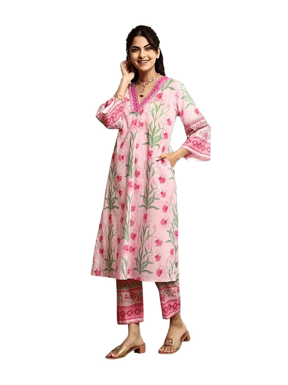 amazon brand - anarva Pure Cotton Kurta Set for Women | Kurti Set | V Neck 3/4 Sleeve Ethnic Outfit | Cotton Kurta Set for Women | Designer Indian Kurti | Daily Office and Festive Traditional-picture-18