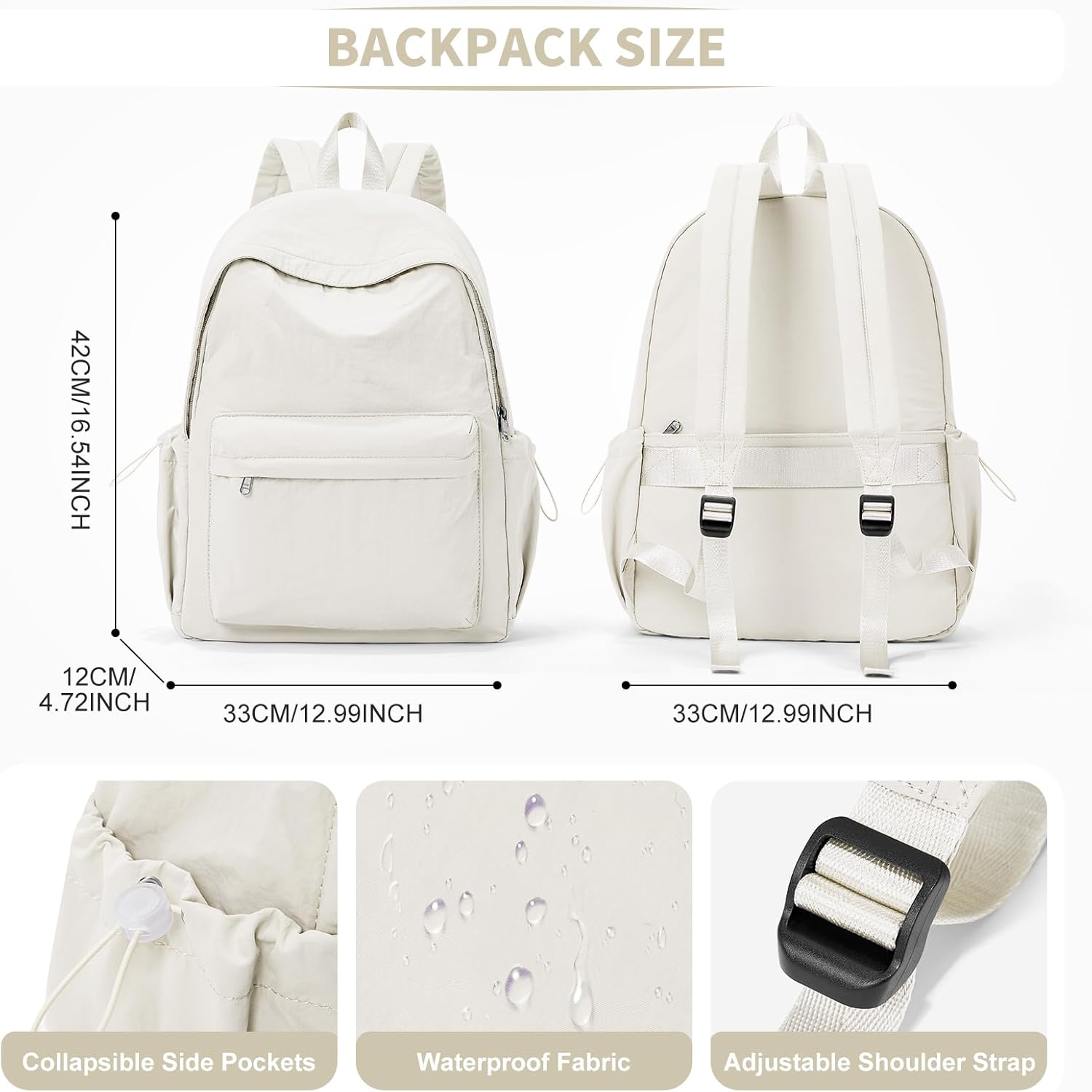 Beige Backpack for School Women Girls, Waterproof Bookbag Cute High School Backpack for Men Teen Boys, Lightweight Travel College Backpack Mochilas Escolares para