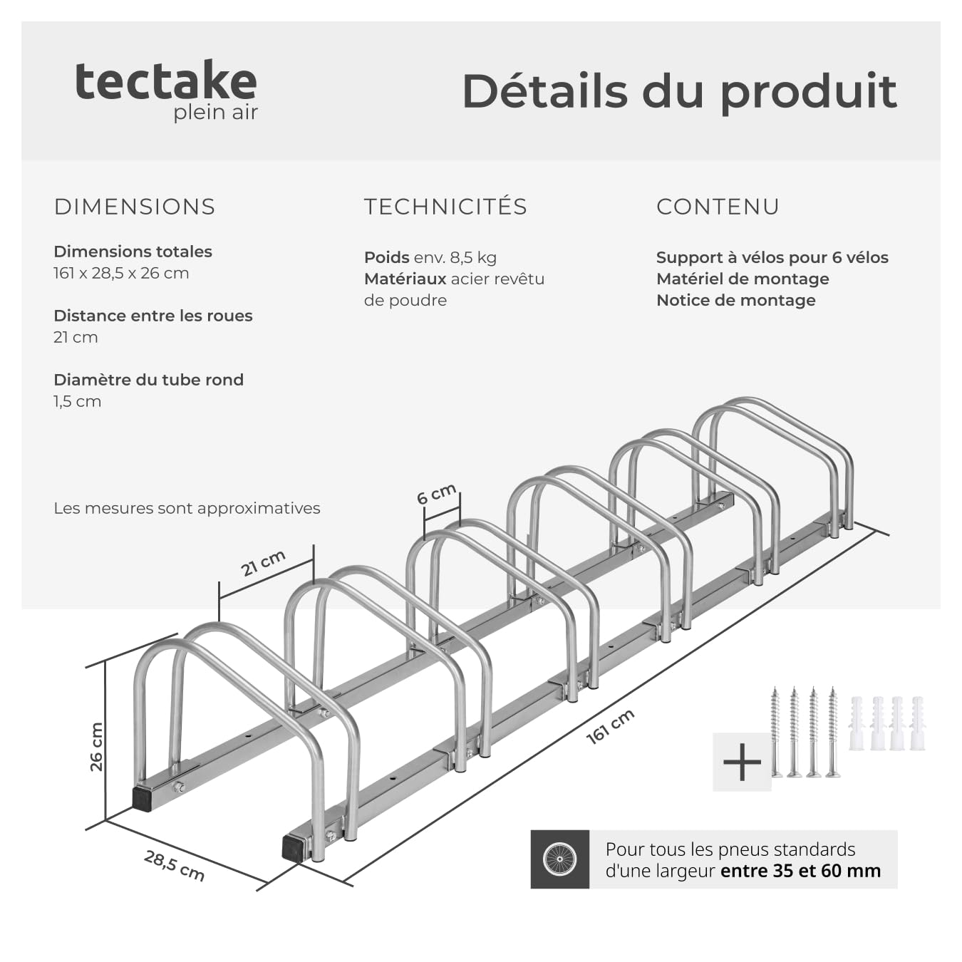 tectake® Support Vélo, Râtelier en Acier laqué pour 6 vélos, 161 x 28,5 x 26 cm, Rack pour des largeurs de pneus de 35 à 60 mm, Vélos électriques VTT Support Velo Sol et Mural Range Velo