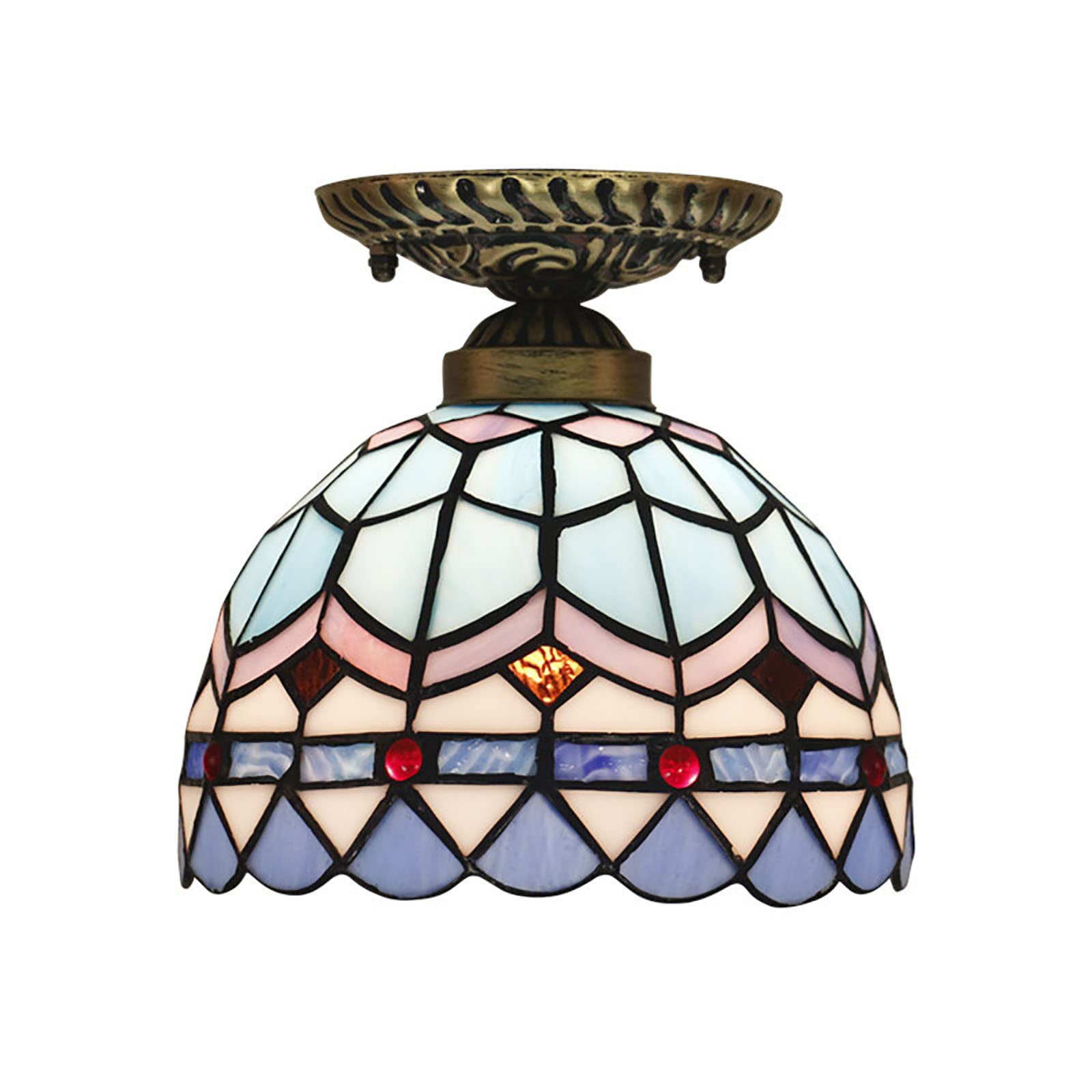 BAJEKO 8 inch Mini Tiffany Flush Mount Ceiling Light, Mediterranean Style Blue Stained Glass Semi Flush Mount Ceiling Lamp for Kitchen Island Hallway Bedroom Dining Room Entryway