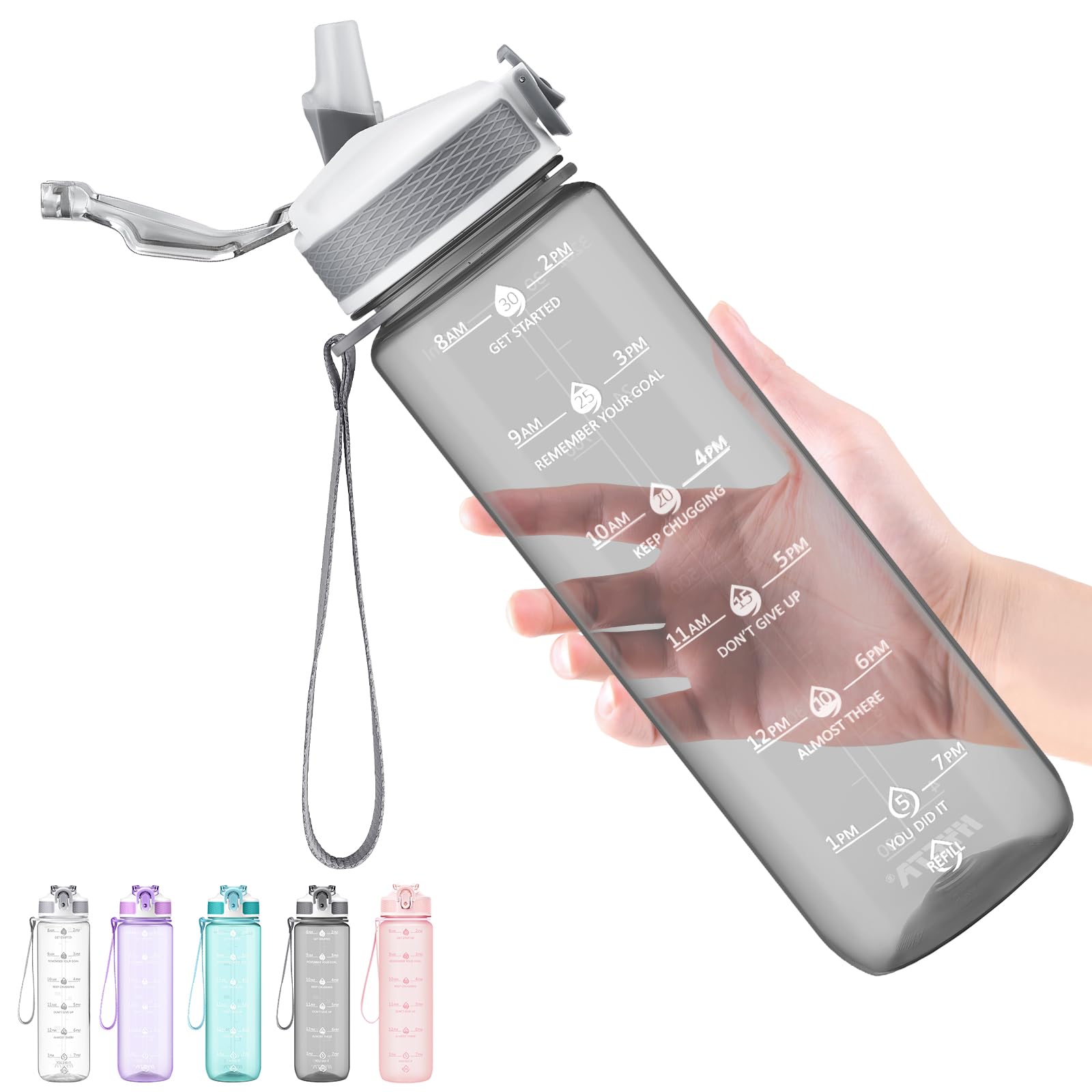 Hyeta Plastic Water Bottle With Straw & Time Marker, 32oz Leakproof Jug — image 1