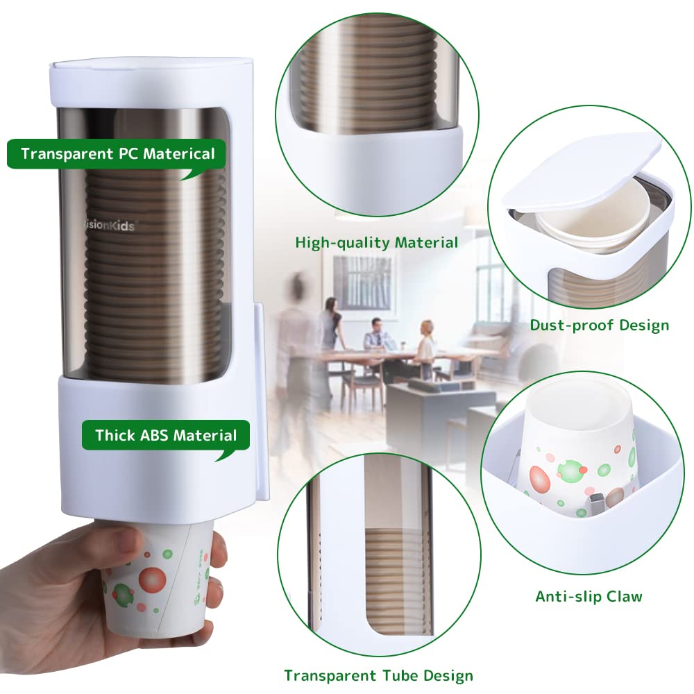 VisionKids Cup Dispenser Fits 3oz - 7oz Cone or Flat Bottom Cups,Pull Type Paper Water Disposable Automatic Remove Cup Holder (White)(S)