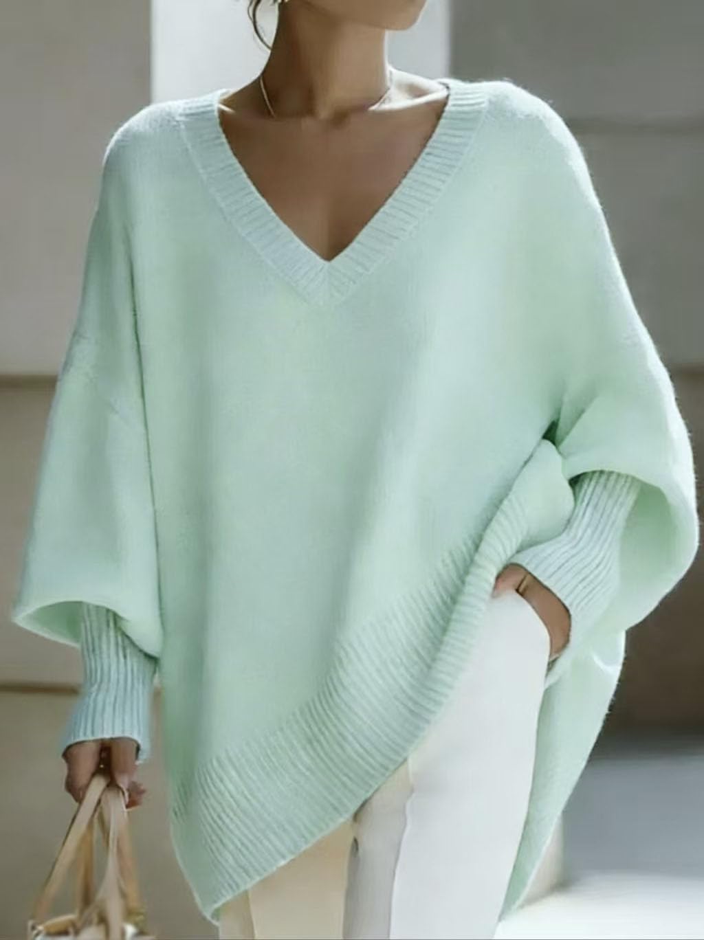 Sweter damski Oversize dzianinowy dekolt w serek z długim rękawem, Brązowy, 4XL | Miękki sweter z dzianiny z dekoltem w serek, luźny krój i długie rękawy do swobodnych strojów, wygodny i stylowy.