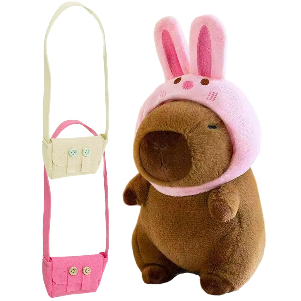 ZPSOSPZ Capybara Plush Toy, Capybara with Bunny Hat, Animal Stuffed Toy, Simulation Soft Toy, Pink & Beige Crossbody Bags, Cute Soft Stuffed Animal Gift For Kids Girls Boys, 25 cm