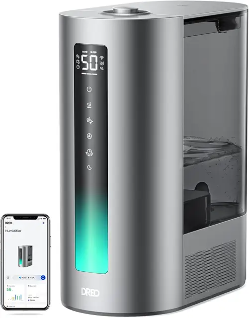 Imagen relacionada con Dreo 6L humidificador dormitorio, inteligente para grandes espacios, vapor frío/caliente, para plantas y bebé, llenado superior, 60 horas, silencioso, temporizador, compatible con Google/Alexa, HM713S
