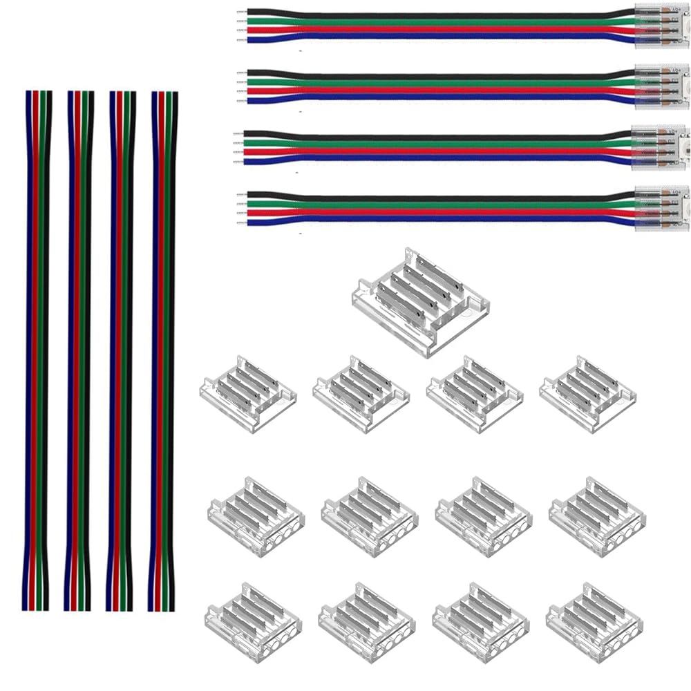 TOKERU 4Pin 10mm LED Strip Connector Kit 21PCS – Transparent RGB SMD Connectors, Crimp Type, Stable Connection, Includes Strip-to-Strip, Strip-to-Wire & 22AWG Extension Cables