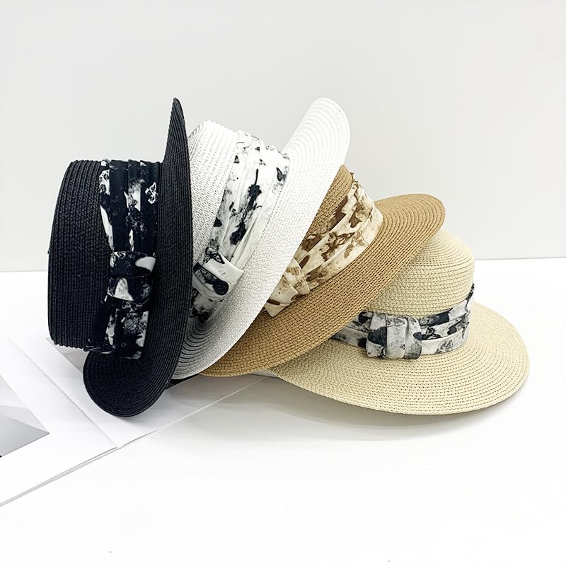 Sombrero de Verano para Mujer,de Copa Plana,con Protección UV,ala Ancha,Estilo Canotier,de Paja con Cintas Teñidas,Transpirable,para Playa,Exteriores,Vacaciones y Viajes