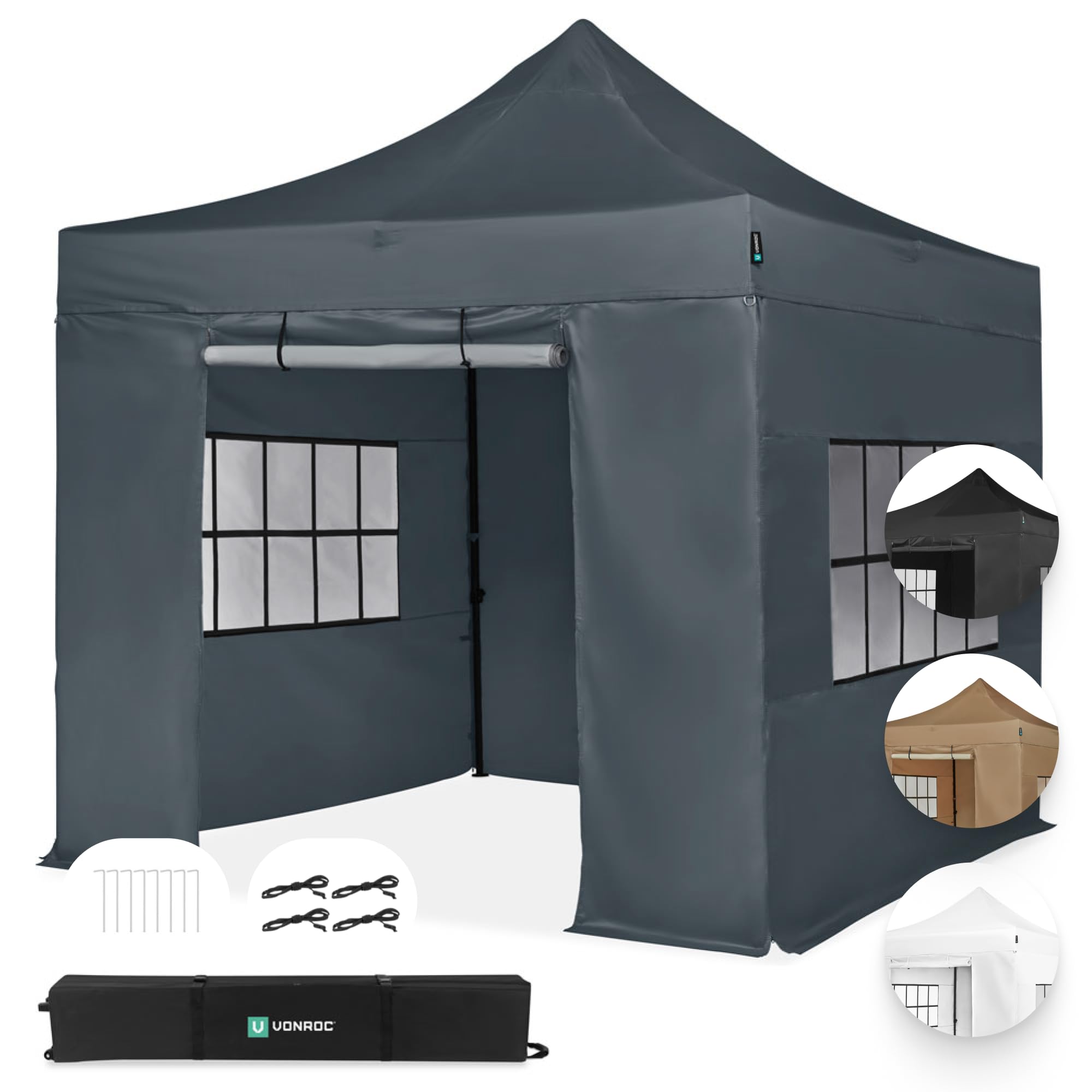 Vonroc Pavillon 3x3m Seitenwände wasserdicht stabil - Partyzelt mit Seitenwänden EasyUp System [3Min Aufbau] Popup Faltpavillon modular erweiterbar als Festival Zelt, Gartenpavillon - Grau
