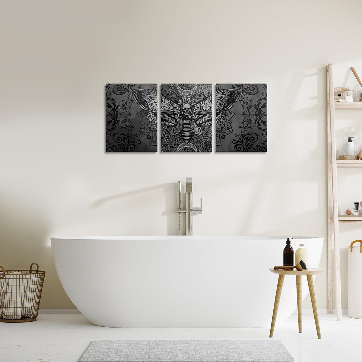 Feelyou Boys Girls Black Moth Damask Canvas Wall Art for Living Room Bedroom Gothic Picture Wall Decor Kids Death Moth Bohemia Boho Painting Teens Bedroom Decor 12"x16"x 3Pcs