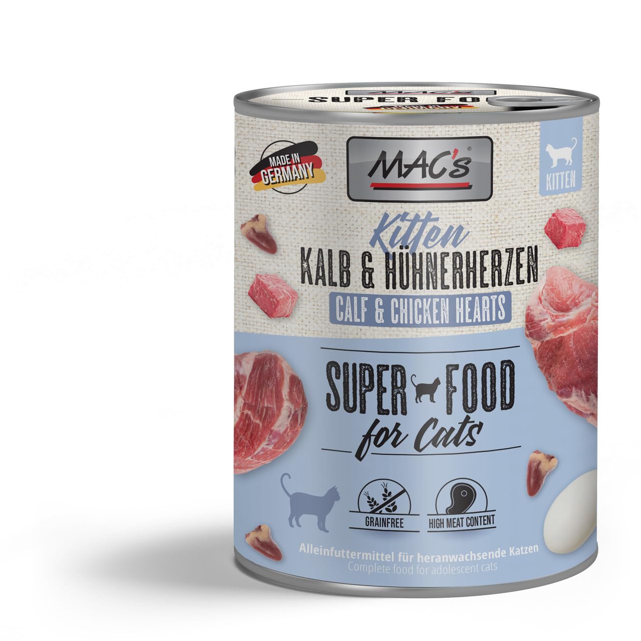 Mac's Cat Cibo umido Premium per gattini Kitten Confezione da 6 lattine (Cuori di Manzo E Pollo 6 x 800 g)