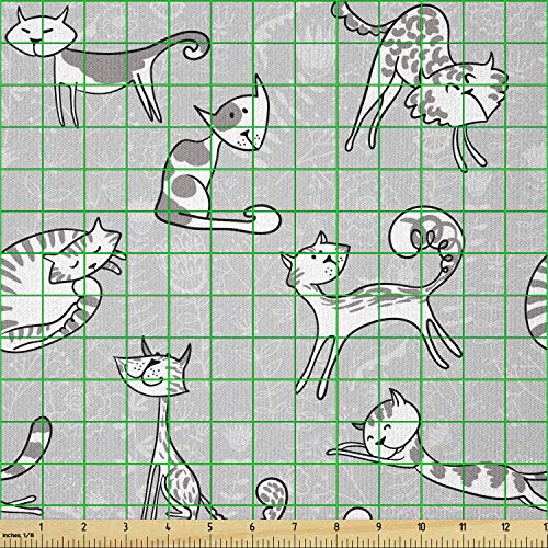 Image of Ambesonne Soft Grey Fabric by The Yard, Cats Posing Over Floral Background Feline Kitten Kitty Cartoon Art Prints, Stretch Knit Fabric for Clothing Sewing and Arts Crafts, Soft Grey
