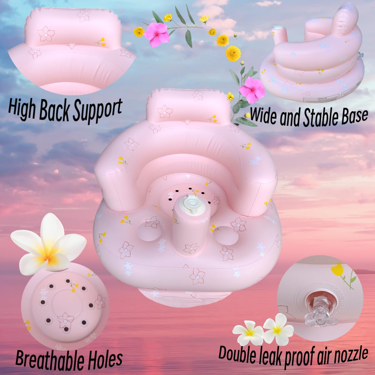 Baby Inflatable Seat for Babies 4-24 Months Built in Air Pump Infant Back Support Sofa Toddler Chair for Sitting Up Baby Shower Chair Outdoor Seat Floor Seater Gifts (Pink Flower + Cover) - Image 3