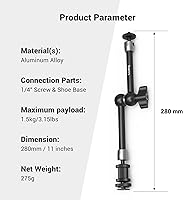 Vista 8 de SMALLRIG Brazo articulado con roseta de máximo 11 pulgadas de largo con soporte de zapata fría y adaptador de tornillo roscado estándar de 1/4"-20