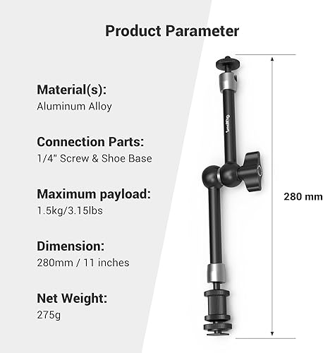 Miniatura 8 de SMALLRIG Brazo articulado con roseta de máximo 11 pulgadas de largo con soporte de zapata fría y adaptador de tornillo roscado estándar de 14"-20 -