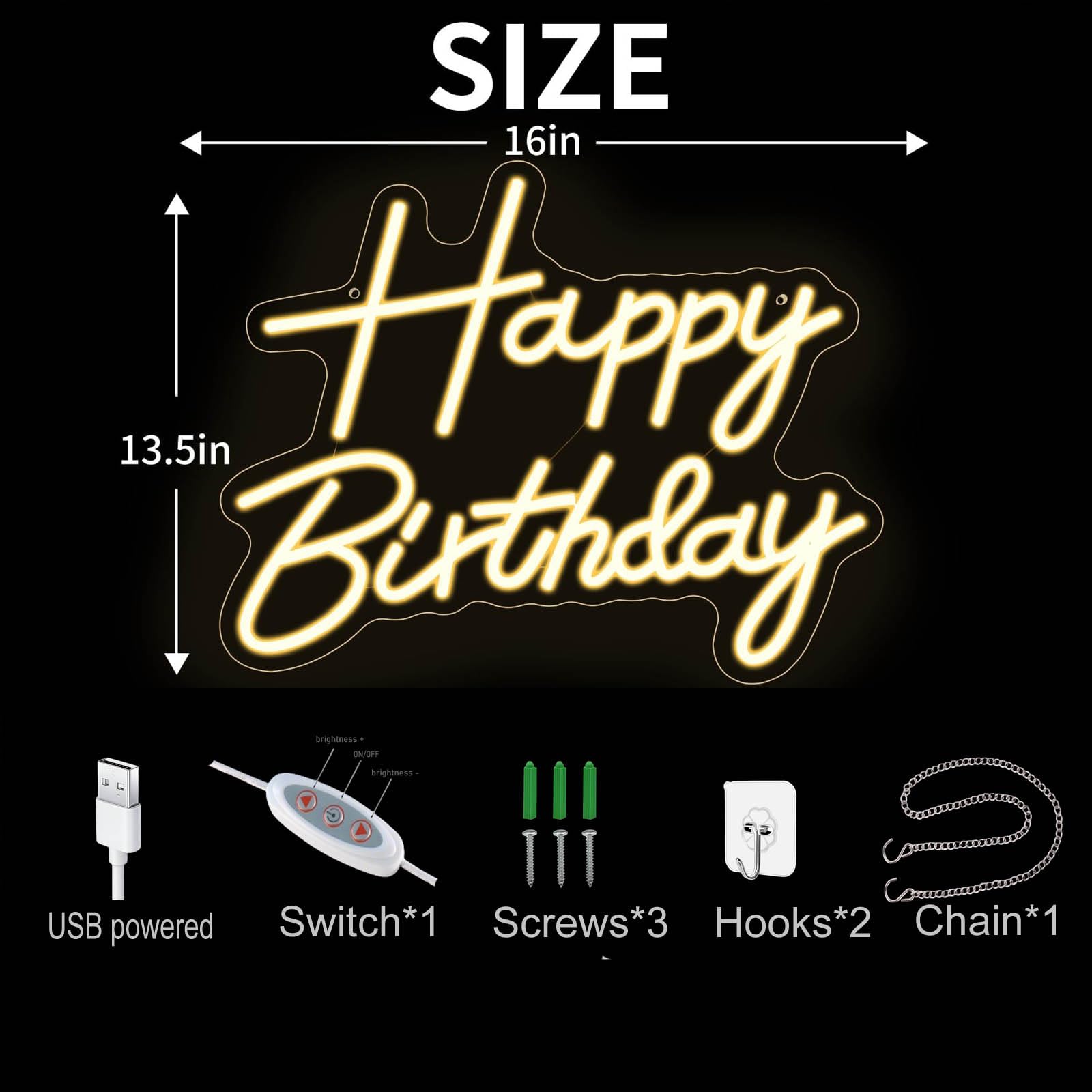 neonowy znak "Happy Birthday" na tle, podświetlany znak LED "Happy Birthday", zasilane przez USB, ściemniane światło neonowe na przyjęcie urodzinowe, dekoracja ścienna, ciepła biel
