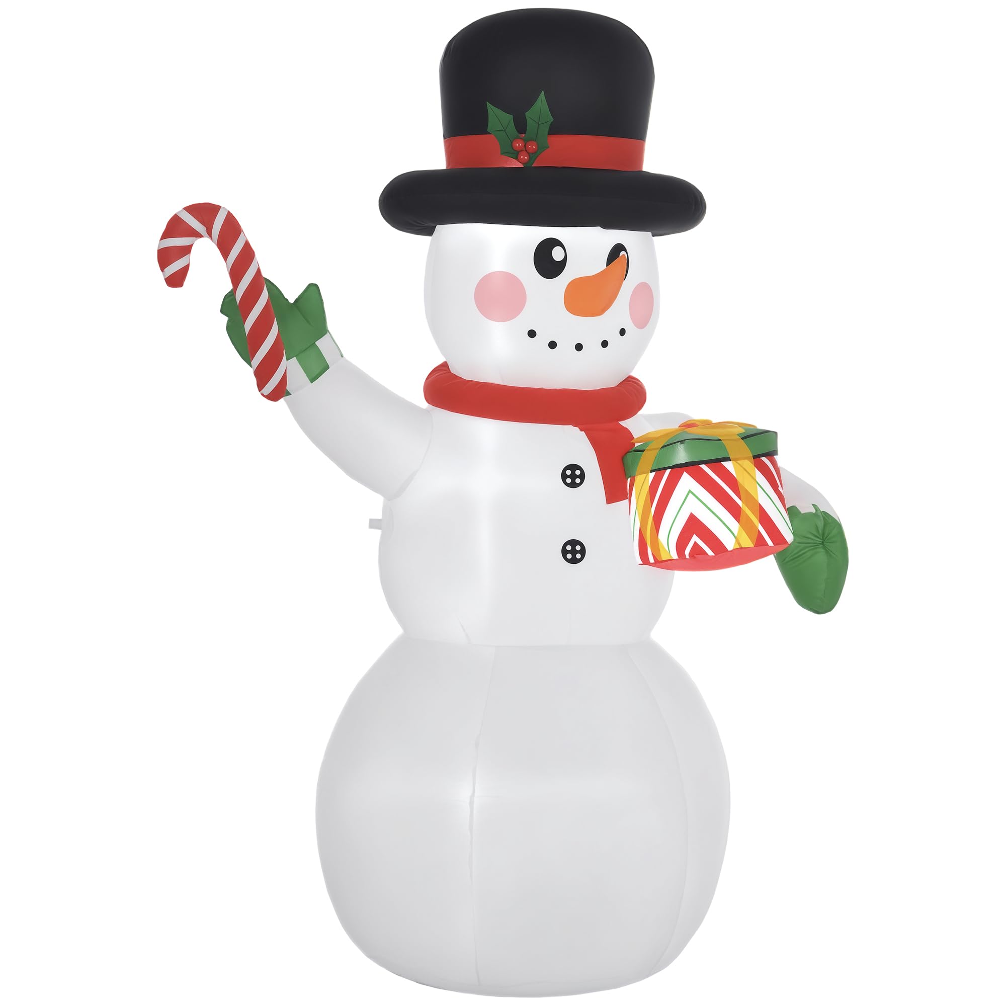 Outsunny Aufblasbarer Schneemann mit Zuckerstange 180 cm mit LED-Leuchte | Geschenkbox, Aufblasbare Weihnachtsdeko, Gebläse, Weihnachtsfigur, Outdoor, Garten, Party