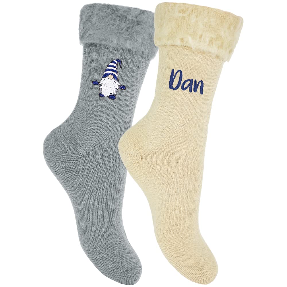 Teddyt's Men's Blue Gonk Personalised Gonk Gnome Thermal Bed Socks Gift Set (Grey & Cream) (Blue Gonk)