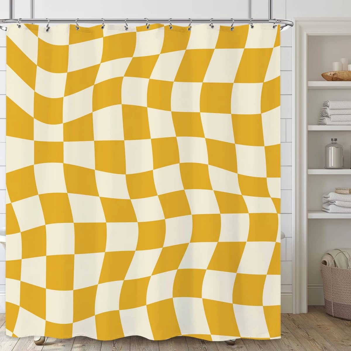 KELAIMI Y2K Wavy Checkerboard Shower Curtains,Multicolor Warped Plaid Geometric Bathroom Curtains,Retro 2000S Aesthetic Washable Quick-Dry Bathtub Curtains Yellow 180X180Cm