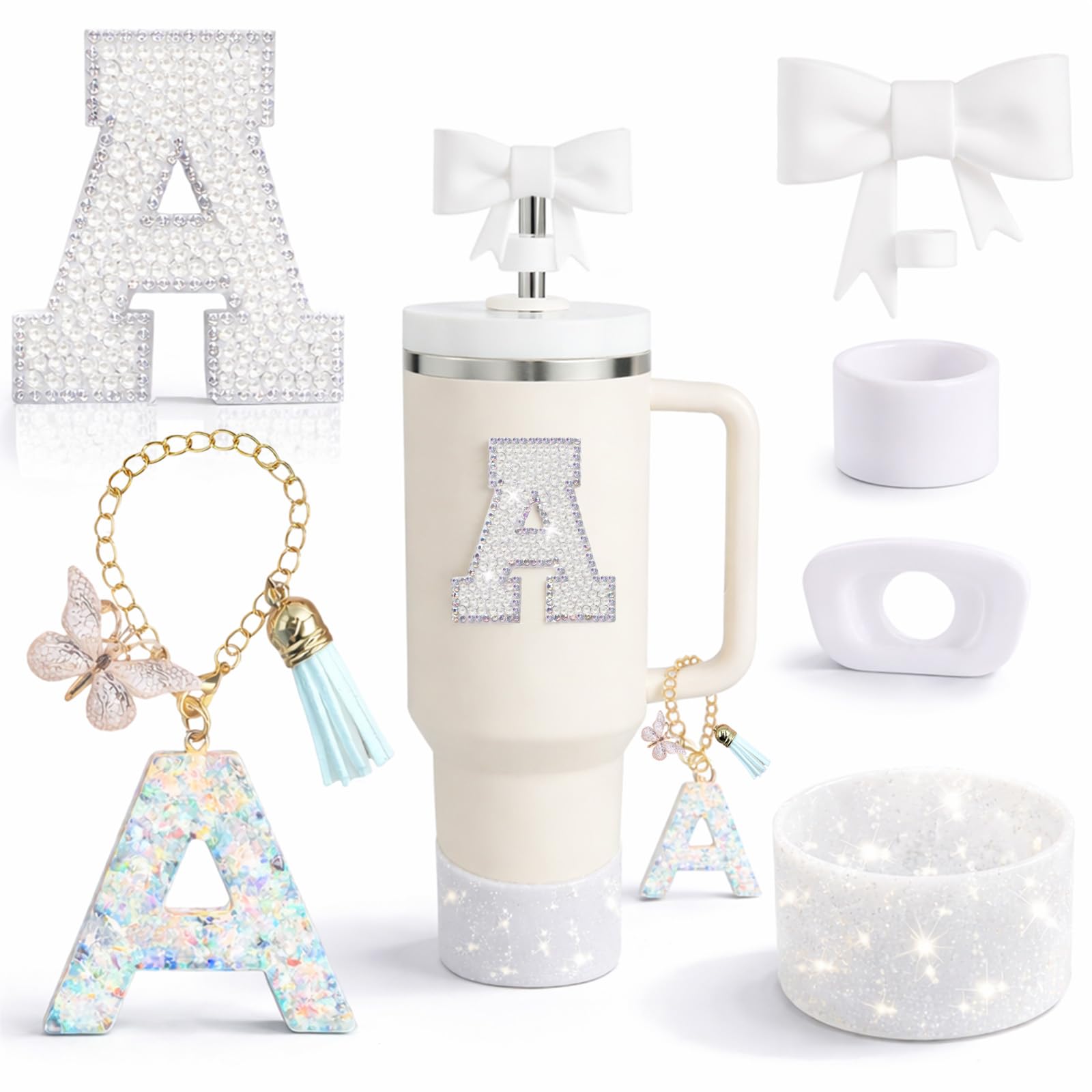 6PCS White Stanley Cup Accessories Set Fit for Stanley Cup 30oz 40oz. Including Handle Charm, Personalized Initial Sticker, Straw Topper, Sparkly